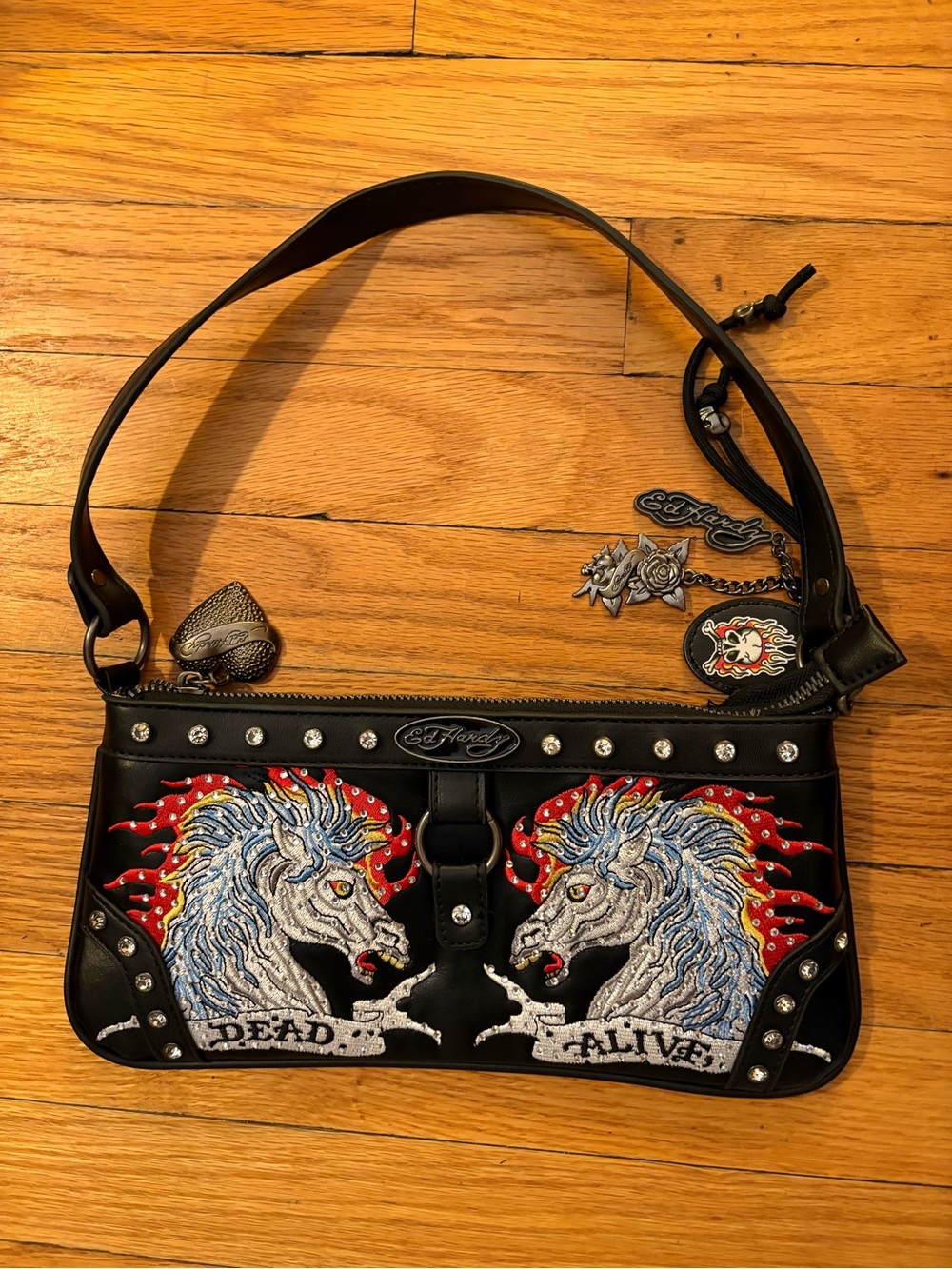 Ed Hardy Black Shoulder Bag with Blue & Red Embroidered Horses